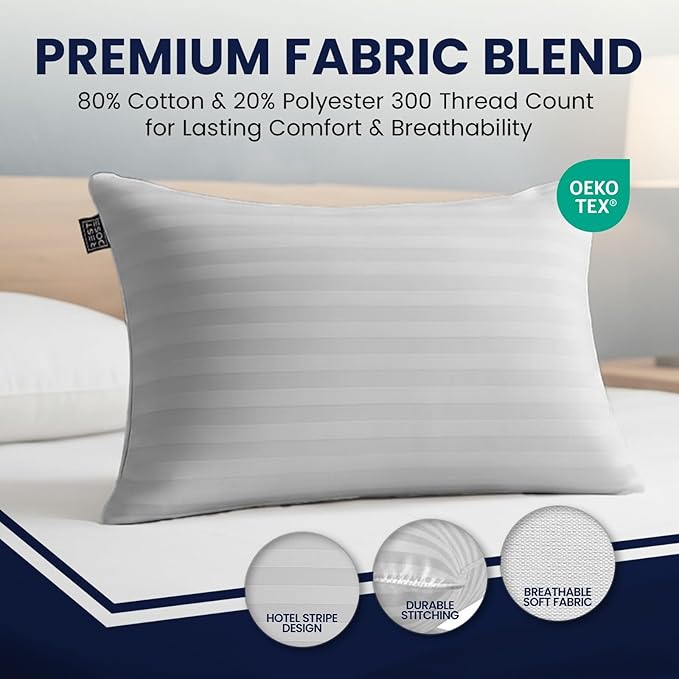 Bed Pillows for Sleeping, Set of 2 – Cooling, Hotel Quality with Soft Down Alternative Fill for Back, Stomach & Side Sleepers | White Striped Queen