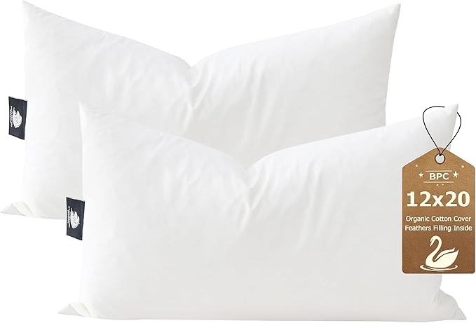 BPC 12x20 Down Feather Lumbar Pillow Inserts Set of 2, 100% Organic Cotton Cover, Soft Decorative Throw Pillows for Sofa, Couch and Bed, White