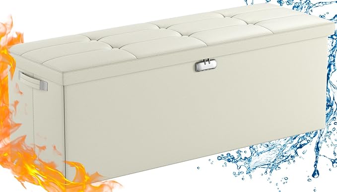 ENGPOW Storage Ottoman, Fireproof Folding Bench with Lock(15”x 43”x15”), Water-Resistant ＆ Heat Insulation Large Storage Chest with Handles＆2 Extra Spaces Safe for Living Room, Bedroom, Home, Beige