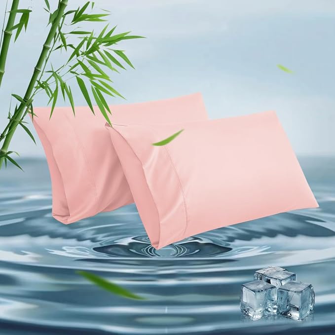 Standard Pillowcases, Cooling Viscose from Bamboo Pillow Covers with Envelope Closure, Soft Moisture-Wicking for Hot Sleepers, Hair and Skin-Friendly, Pink, 2 Pack