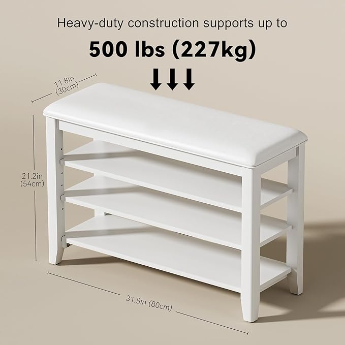 Entryway Shoe Storage Bench with Leather Cushion, Shoe Organizer Bench for Entryway, Ideal for Hallways Front Doors Entrances Mudrooms Featuring Rubberwood And 3 Height-Adjustable & Removable Shelve