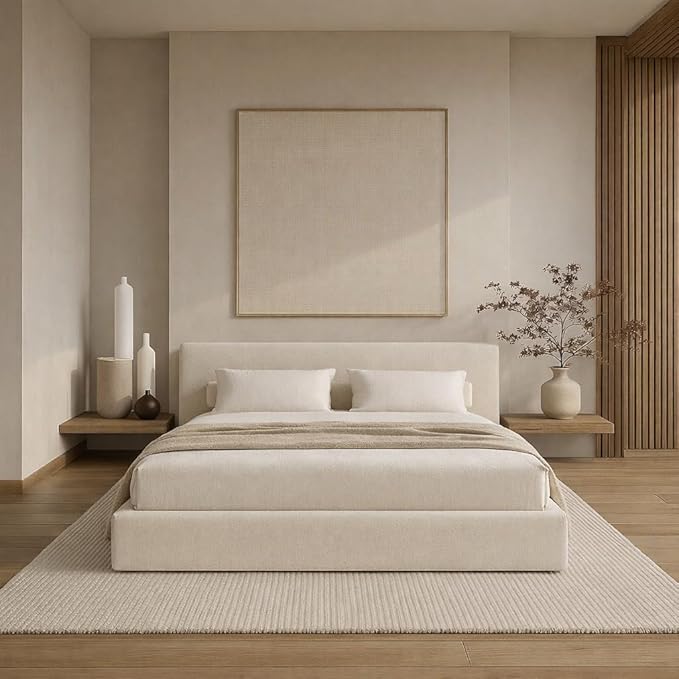 Square Bed – Washable Zip Cover - Upholstered Linen Soft Foam - Modular Minimalist Modern - Sold Separately (Cream Linen, Twin Headboard)