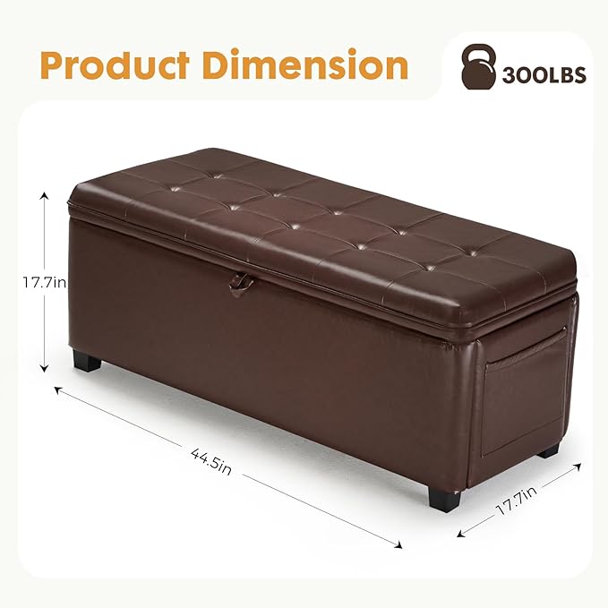 45" Storage Ottoman Bench - Large 28 Gallon (105L) Brown Bedroom Bench for End of Bed, Fuax Leather Upholstered Window Seat, Sturdy Toy Chest & Shoe Bench for Living Room, Entryway