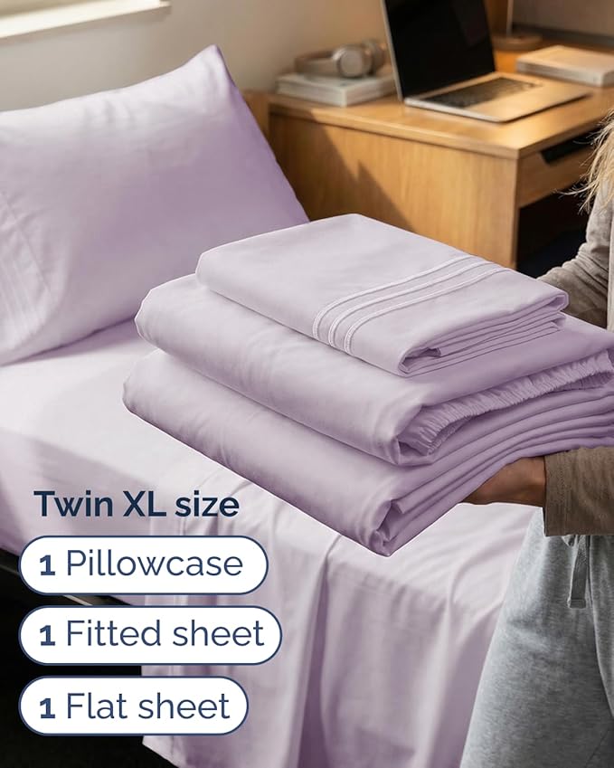 Twin XL Size 3 Piece Sheet Set - Comfy Breathable & Cooling Sheets - Hotel Luxury Bed Sheets for Women & Men - Deep Pockets, Easy-Fit, Soft & Wrinkle Free Sheets - Light Lavender Oeko-Tex Bed Sheets