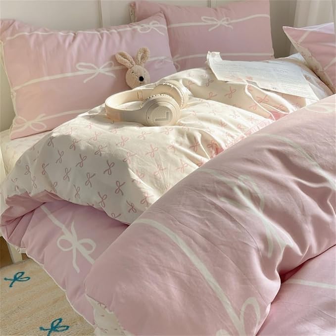 Nayoroom Pink Bow Duvet Cover Queen Size Kids Girls Cute Coquette Bedding Set 3 Pcs Soft Microfiber Reversible White Striped Comforter Cover Gifts for Women