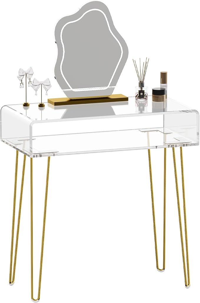 Eglaf Acrylic Vanity Desk - Small Makeup Vanity Table - Dressing Table for Bedroom, Dressing Room, Large Storage Space, 31.5'' L x 15.7'' W x 32.1'' H, Gold Metal Legs