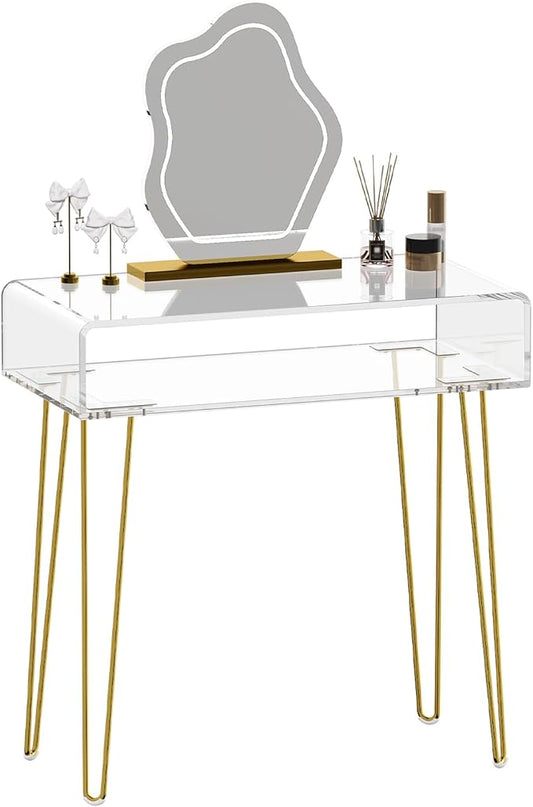 Eglaf Acrylic Vanity Desk - Small Makeup Vanity Table - Dressing Table for Bedroom, Dressing Room, Large Storage Space, 31.5'' L x 15.7'' W x 32.1'' H, Gold Metal Legs