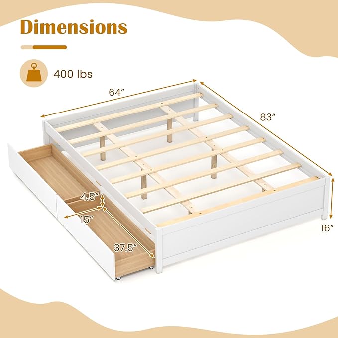 Giantex Queen Size Bed Frame with 2 Storage Drawers, Solid Wood Platform Bed with Slats Support, Heavy Duty Daybed with Storage, No Box Spring Needed, Queen Bed Frames for Teens Adults, White