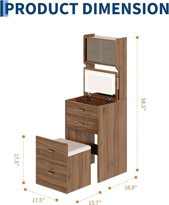 GarveeLife Compact Vanity, Make Up Vanity Desk with Mirror and Lights, White Vanity Table Set with Charger Station,Girls Small Vanity and Storage Chair