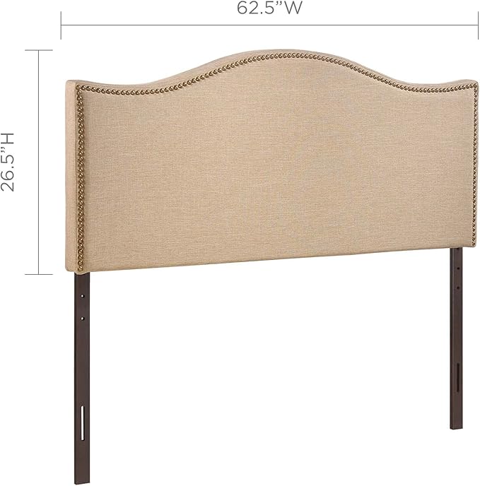 Modway Curl Linen Fabric Upholstered Queen Headboard with Nailhead Trim and Curved Shape in Café