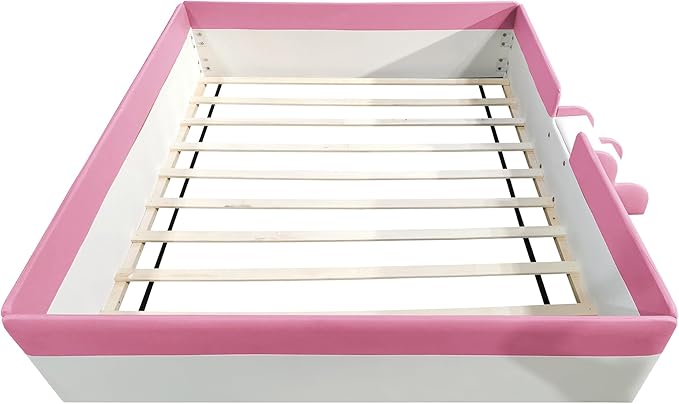 Merax Queen Size Floor Bed, Upholstered Kids Daybed Frame with Fence and Stairs, Wood Bed for Living Room, White+Pink