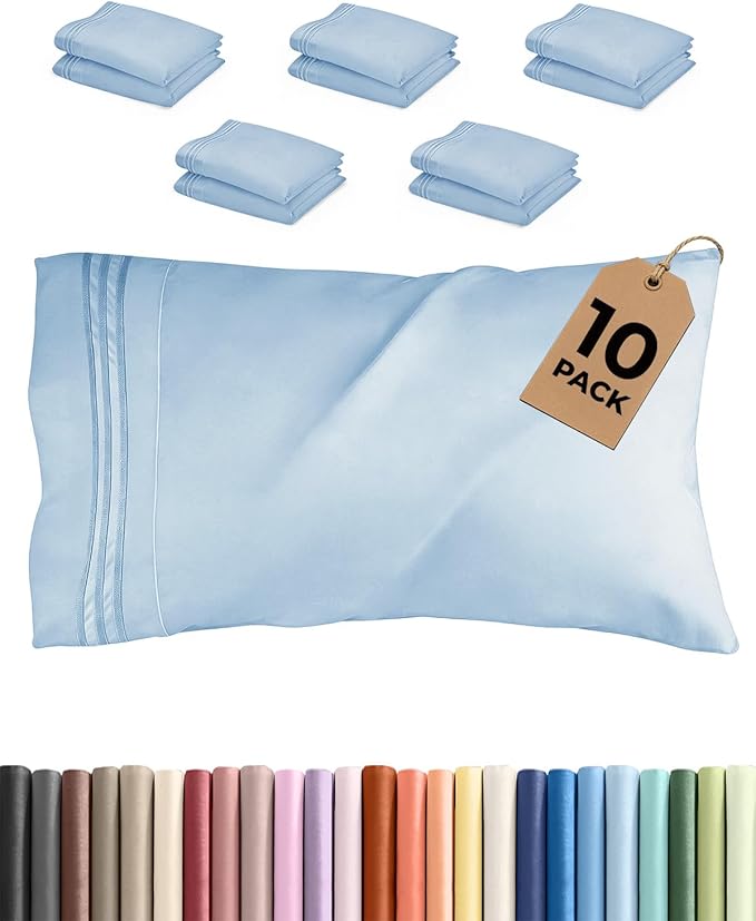 Queen Pillow Cases Set of 10 - Ultra Soft Hotel Quality Pillowcase Covers - Comfy, Cozy & Wrinkle Free - Shrink, Stain & Fade Resistant - Machine Washable Pillow Protectors - 10 Piece Set - Light Blue