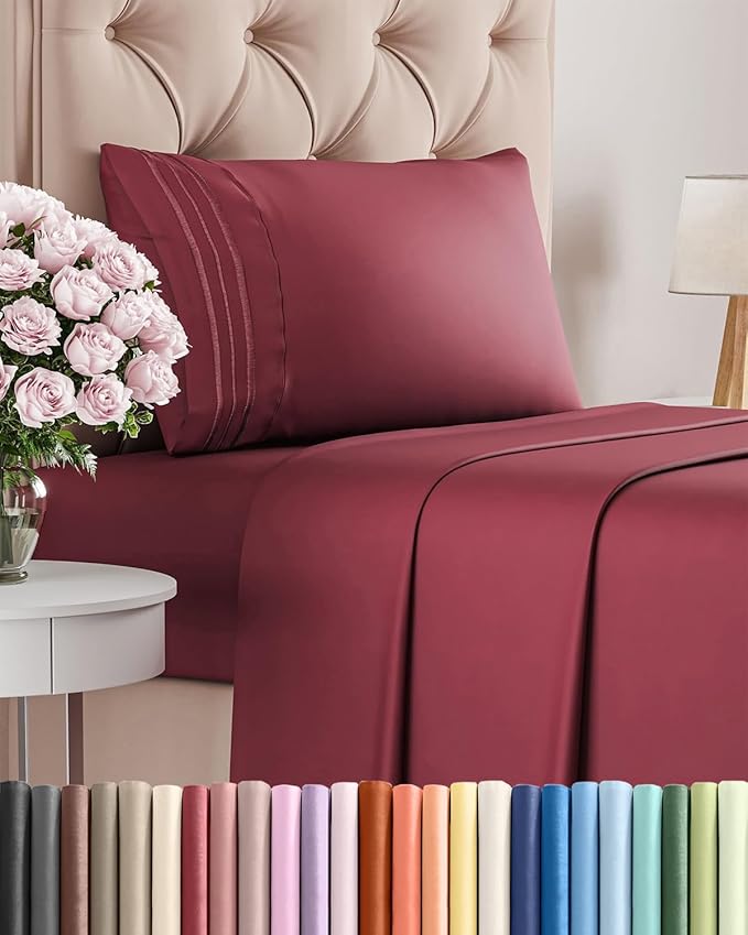 Twin Size 3 Piece Sheet Set - Comfy Breathable & Cooling Sheets - Hotel Luxury Bed Sheets for Women & Men - Deep Pockets, Easy-Fit, Extra Soft & Wrinkle Free Sheets - Burgundy Oeko-Tex Bed Sheet Set