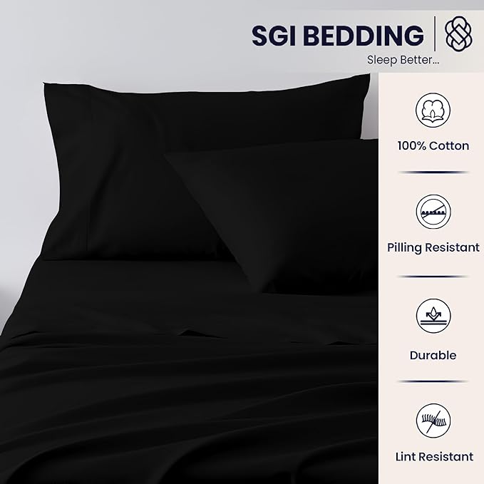 SGI Split King Sheet Set for Adjustable Bed Egyptian Premium Cotton 600 Thread Count Sheets for Sleep Number Bed 15" Deep Pocket 5 Pc Set with 2 Twin XL Fitted Sheets Soft Breathable -Black