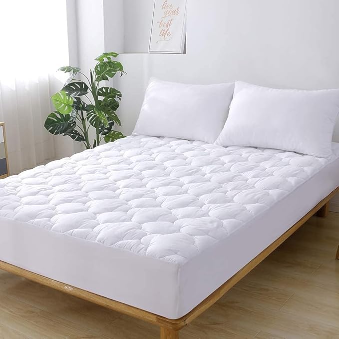 WhatsBedding Waterproof Mattress Pad King Cotton Top Down Alternative Filling Pillowtop Mattress Topper Cover-Fitted Quilted (Waterproof King Size Mattress Pad)