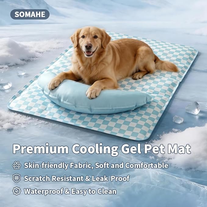 SOMAHE Pet Cooling Mats Pad for Dogs, Portable Summer Self-Cooling Mat with Removable Crescent Pillow for Large Dogs, Non-Toxic (Q-Max>0.5), All-Day Cooling, 35 x 24 Inches Blue