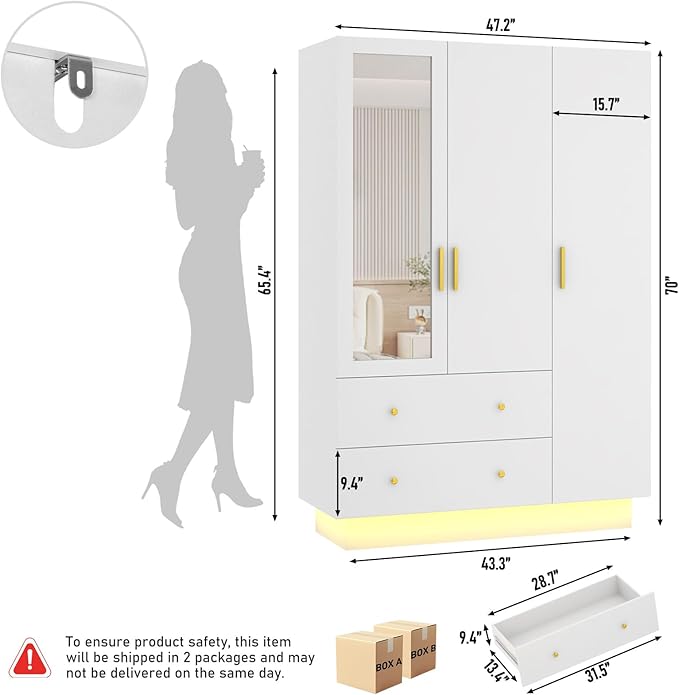jiteentarou 3 Door Wardrobe Closet with Mirror & LED Lights, Bedroom Armoire with Drawers & Shelves, Modern Wooden Armoire Wardrobe Closet with Hanging Rod for Bedroom, White