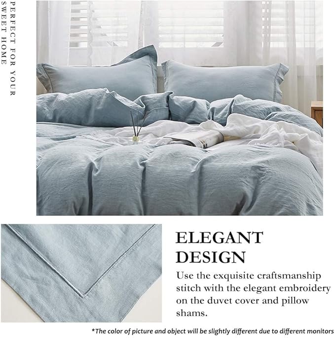 Simple&Opulence 100% Linen Duvet Cover Set with Embroidery Border Washed - 2 Pieces (1 Duvet Cover & 1 Pillow Sham) with Button Closure Soft Breathable Farmhouse - Dusty Blue, Twin Size
