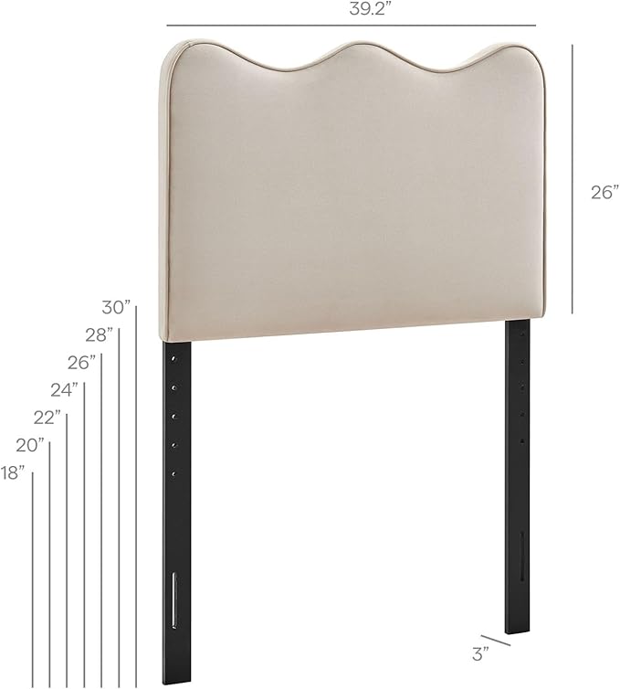 Monday Athena Twin Size Performance Velvet Adjustable Headboard in Almond - with Scalloped Wave Design and Stain-Resistant Velvet Upholstery