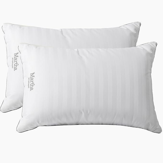 Martha Stewart Medium Soft Feather Down 100% Cotton 500 Thread Count Damask Stripe Embroidered Queen Size Set of 2