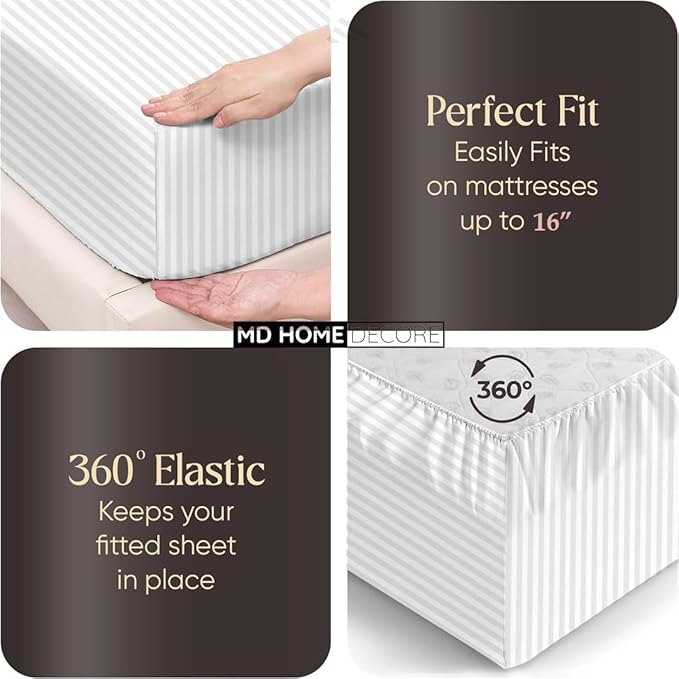 4 Piece Split Head Flex Sheet Set, 34" Top Split King Sheets for Adjustable Beds, 100% Egyptian Cotton, 16 Inch Deep Pocket, Soft Durable Breathable Sheets, White Stripe, Ideal for Adjustable Beds