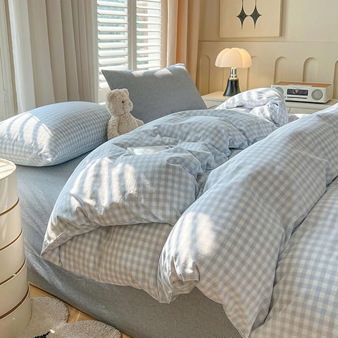 Nayoroom Gingham Duvet Cover Twin Size Blue White Plaid Checkered Comforter Cover 2 Pcs Soft Breathable Washed Microfiber Grid Farmhouse Bedding Set with Pillow Shams