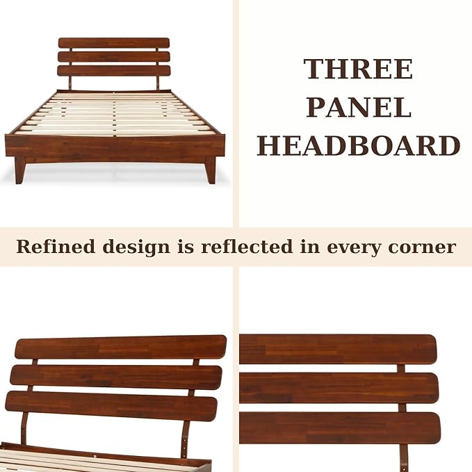 Bme Caden Queen Bed Frame and Adjustable Headboard, 15 Inch Mid Century Retro Style - Solid Acacia Wood - No Box Spring Needed - 12 Strong Wood Slat Support - Easy Assembly - Dark Chocolate