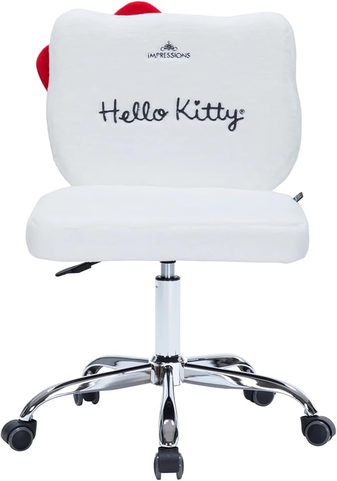 Impressions Vanity Hello Kitty Teddy Swivel Vanity Chair for Makeup Desk, Armless Rolling Chair with Wheels, Adjustable Height, 360 Degree Swing, Comfy Foam Padded Seat and Backrest (Teddy White)