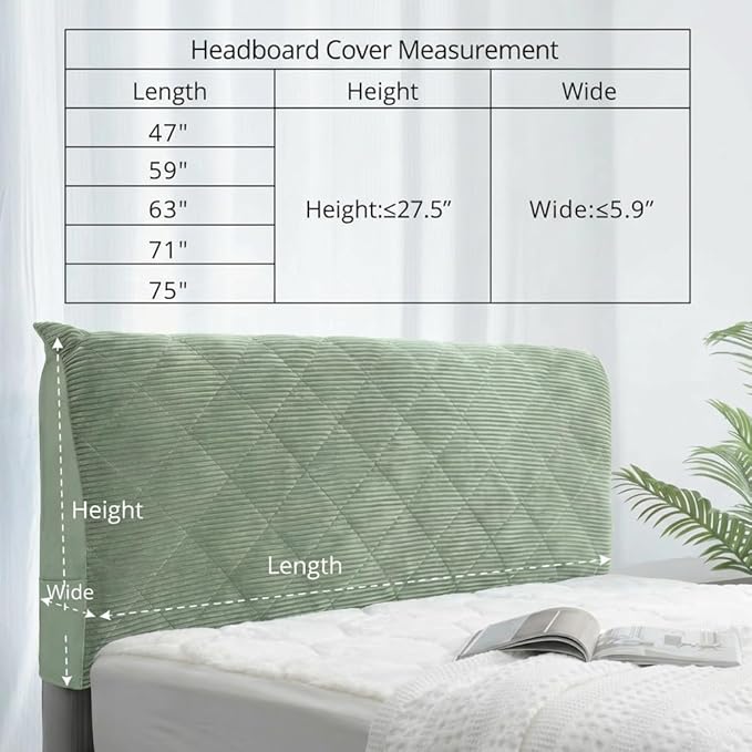 Corduroy Headboard Cover—Stretch-Quilted, Padded Dust-Proof Protective Cover (Fits Queen/King Beds), Machine-Washable Decorative Headboard Cover (Green, 63x27.5 inches)