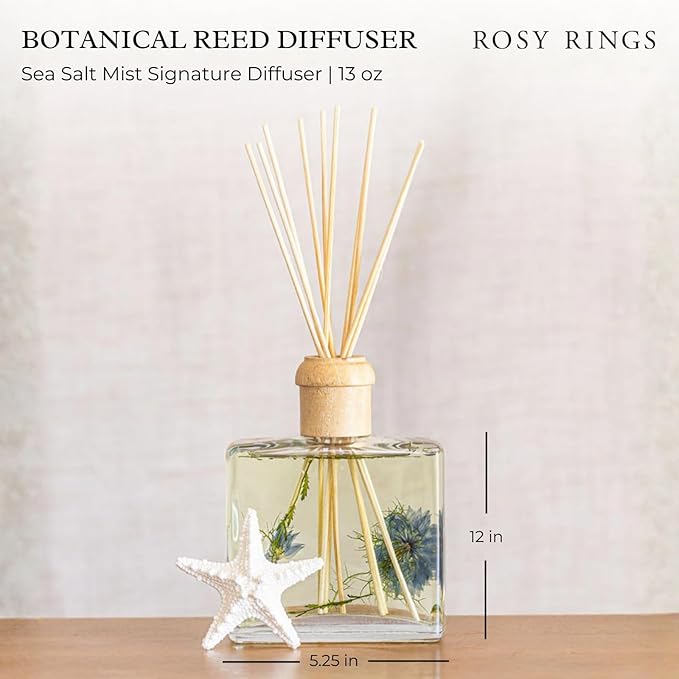 Rosy Rings Sea Salt Mist Signature Diffuser, Single Piece, 13 oz Lasts 9-12 Months Square Glass Reed with Floral Embedded Flowers Coastal Aroma, Bathroom Livingroom Spa Decor Luxury Gift