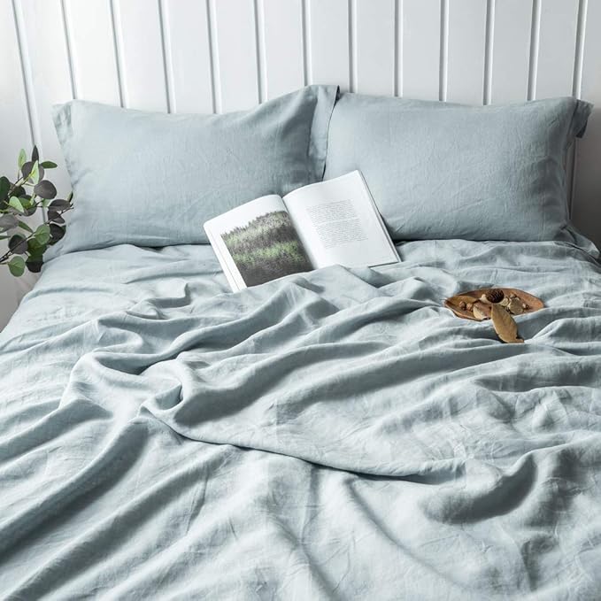 Simple&Opulence 100% Linen Duvet Cover Set 3pcs Basic Style Natural French Washed Flax Solid Color Soft Breathable Farmhouse Bedding with Button Closure - Dusty Blue, Queen