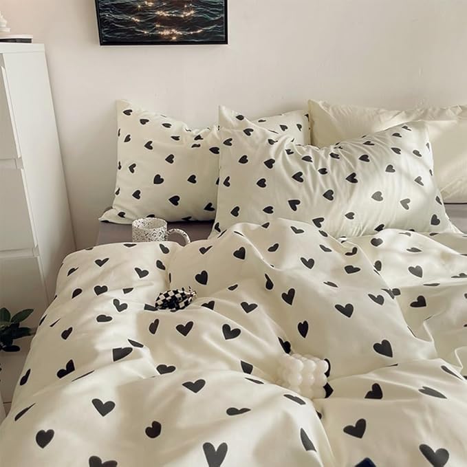Nayoroom Black and White Heart Duvet Cover Twin Size Black Hearts Printed on White Bedding Set 2 Pcs Cute Kawaii Soft Breathable Microfiber Comforter Cover Valentine Gifts for Kids Girls