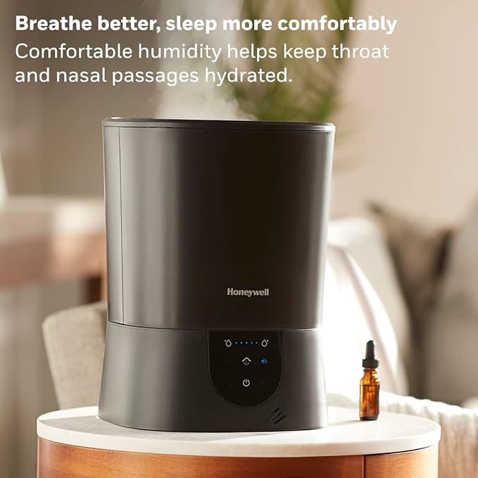 Honeywell Easy-to-Care Filter Free Warm Mist Humidifier, Medium Rooms, 1.5 Gallon Tank – Humidistat for Bedroom, Home or Office Black