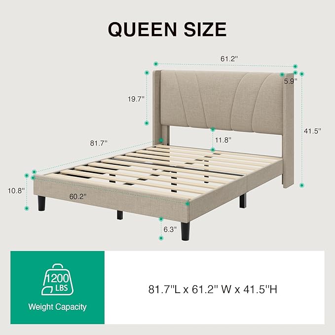 Novilla Queen Size Bed Frame, Queen Bed Frame with Headboard, Linen Upholstered Wing Side Headboard, No Box Spring Needed, Heavy Duty Feet, Easy Assembly, Beige