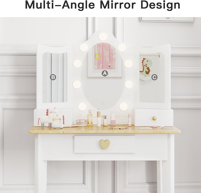 labebe Kids Vanity, Girls Vanity Desk with LED Changing Lights, Pretend Play Princess Vanity Set, Wooden Toddler Makeup Desk Dressing Table with Drawer and Chair (White)