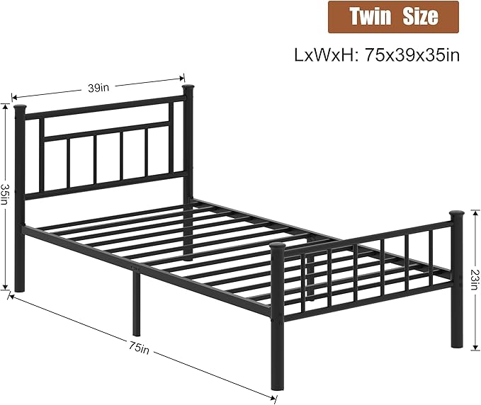 Shintenchi Twin Size Metal Platform Bed Frame with Headboard & Footboard, Steel Slat Mattress Foundation, Under Bed Storage, Noise-Free, No Box Spring Needed, Black Square