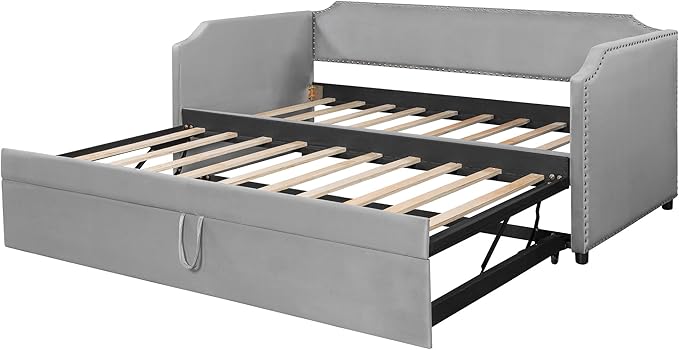 Merax Modern Twin Size Upholstered Sofa Day Bed with Pop Up Trundle, Twin to King Extendable Dayed for Living Room Bedroom Guest Room Space Saving, Gray