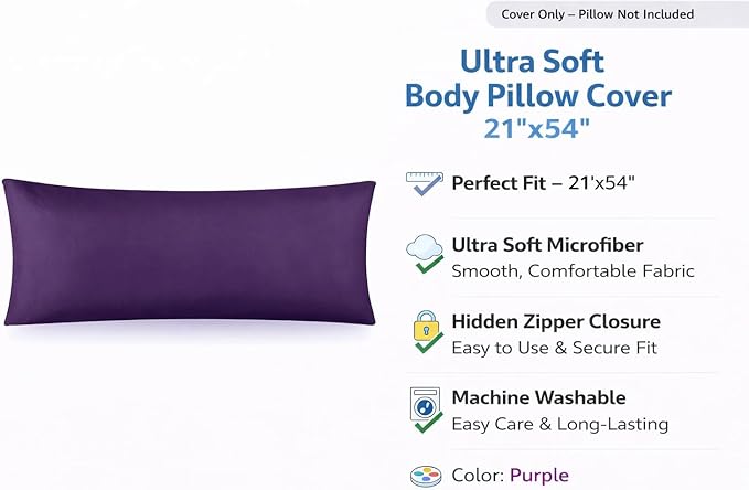 EVOLIVE Body Pillow Cover 21"x54", Ultra Soft Microfiber Pillowcase with Hidden Zipper, Breathable, Machine Washable, for Pregnancy & Side Sleepers, Cover Only (21"x54" Body Pillow Cover, Purple)
