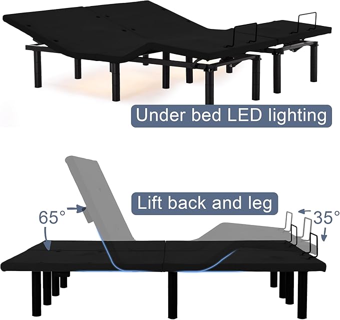 Fromann Adjustable Electric Split King Bed Base Frame with Massage,USB Type-C Ports, Zero Gravity, Under Bed Led Lighting and Three Leg Height (Black)