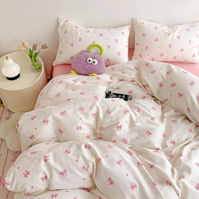 Nayoroom Pink Bow Duvet Cover Full Size Heart Bows Printed Coquette Bedding Set 3 Pcs Kids Girls Cute Comforter Cover with Zipper Closure Soft Breathable Microfiber