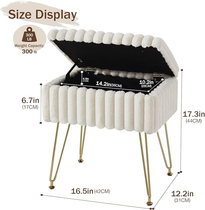 EBENCHICO Vanity Stool Chair with Storage, Faux Fur Stools for Vanity Makeup, Foot Stool Ottoman with 4 Metal Legs, Small Vanity Bench Seat Chairs for Living Room Bedroom