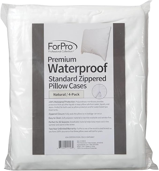 ForPro Professional Collection Premium Waterproof Pillow Protectors, Standard Size Pillow Cases with Zipper, Natural, 4-Count
