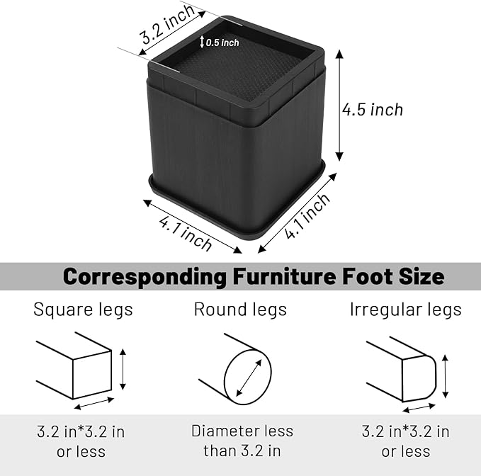 BTSD-home 4 inch or 8 inch Bed Risers Heavy Duty Stackable Furniture Risers Bed Lifts Risers for Couch, Sofa, Desk or Table Legs Extenders Set of 4