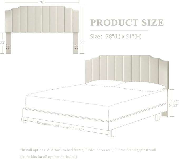 Befurtori King Size Headboard Only, Velvet Wall Mounted Headboard King for Adjustable Bed Modern Upholstered Head Board Easy Assembly, Cream