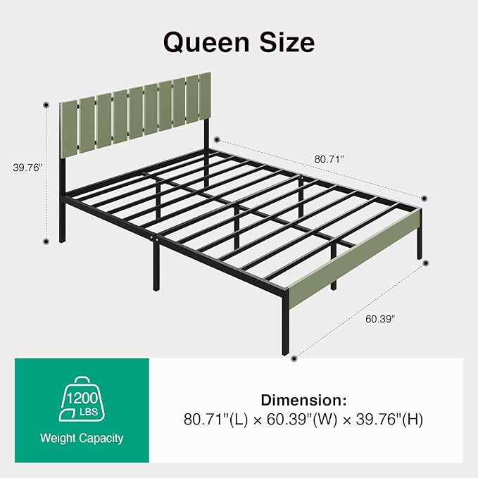 Novilla Queen Bed Frame with Modern Wooden Slatted Headboard, Easy Assembly, Heavy Duty Metal Platform, Noise-Free, Under-Bed Storage, No Box Spring Needed