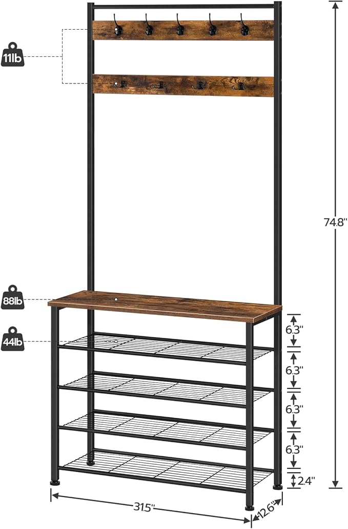 HOOBRO Hall Tree, Coat Rack with Shoe Rack, Hall Tree with Bench, 5 Tier Shoe Storage Organizer with 9 Hooks for Entryway, Closet, Sturdy, Industrial, Rustic Brown and Black BF80MT01G2