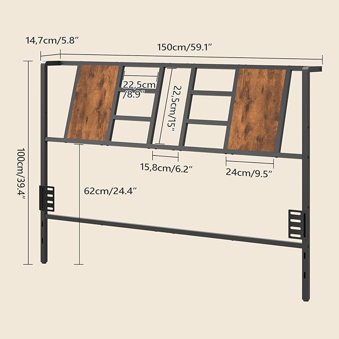 MAHANCRIS Headboard Queen Size Only, Industrial Metal Bed Headboard with Adjustable Feet and Compatible Adapters, Fits Most Bed Frames, Rustic Brown and Black