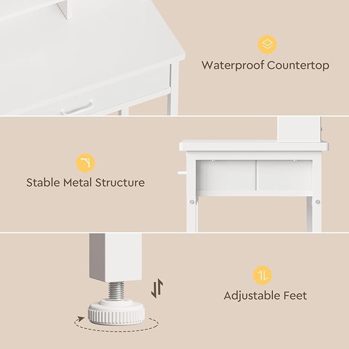 YeTom Makeup Vanity Desk with Mirror and Lights, Small Vanity with Fabric Storage Drawer & Chair & Shelves, White Compact Makeup Vanity Set for Bedroom