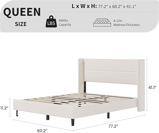 Garvee Queen Size Bed Frame with Wingback Headboard, Velvet Upholstered Platform Bedframe with Wood Slats, No Box Spring Needed, Easy Assembly, Beige