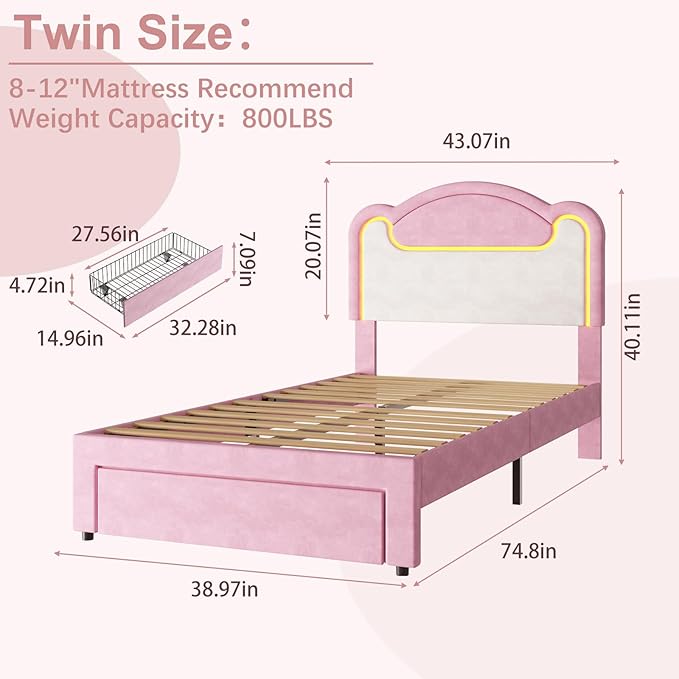 Garvee Twin Size Upholstered Bed Frame with LED Lights & Storage Drawers, Fabric Headboard & Wood Slats, No Box Spring Needed, Princess Bed for Girls (Pink White)
